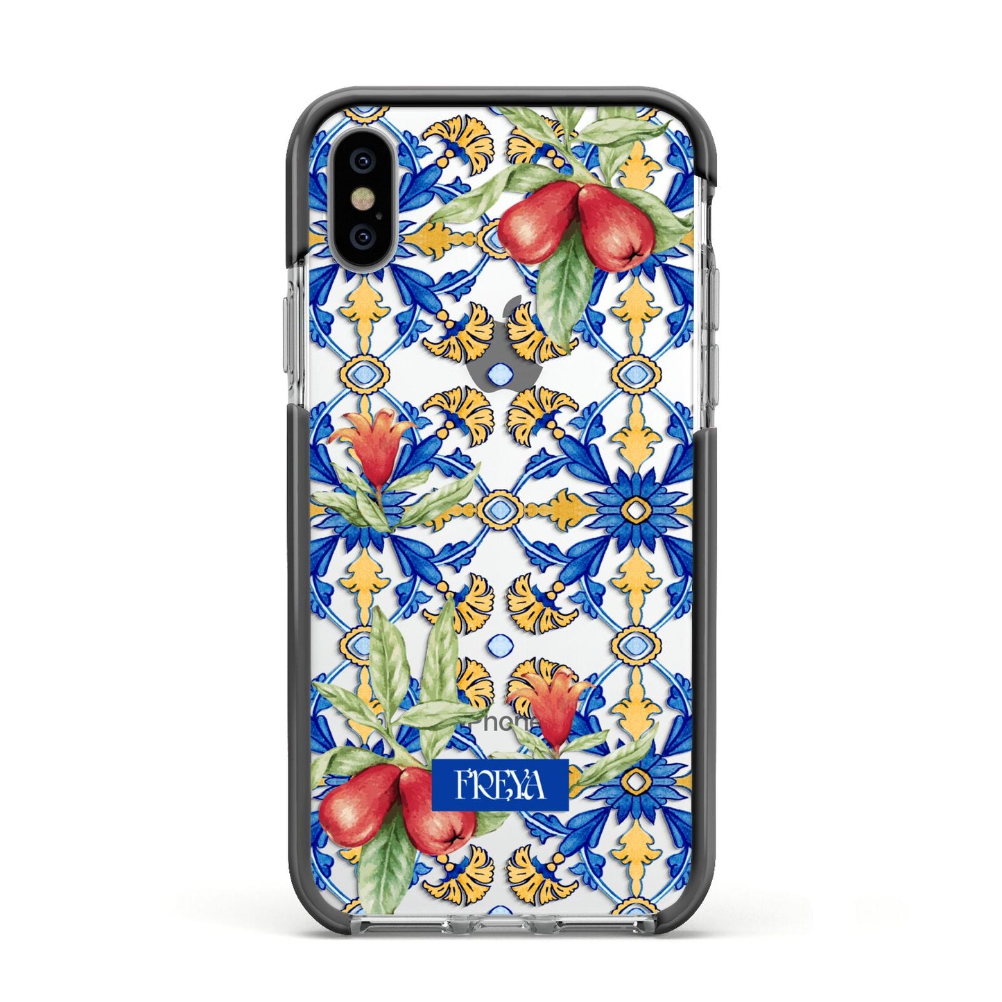 Personalised Mediterranean Fruit and Tiles Apple iPhone Xs Impact Case Black Edge on Silver Phone