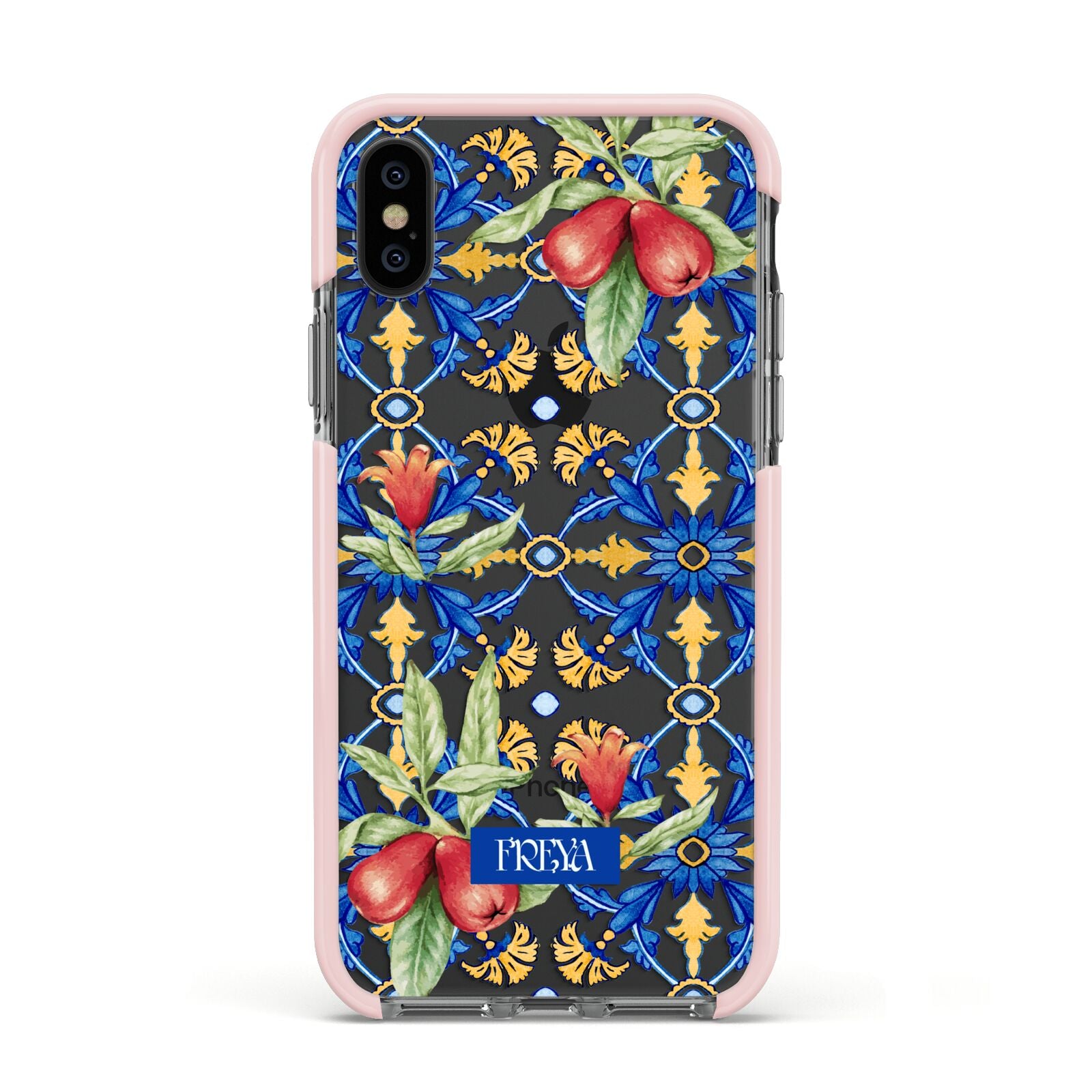 Personalised Mediterranean Fruit and Tiles Apple iPhone Xs Impact Case Pink Edge on Black Phone