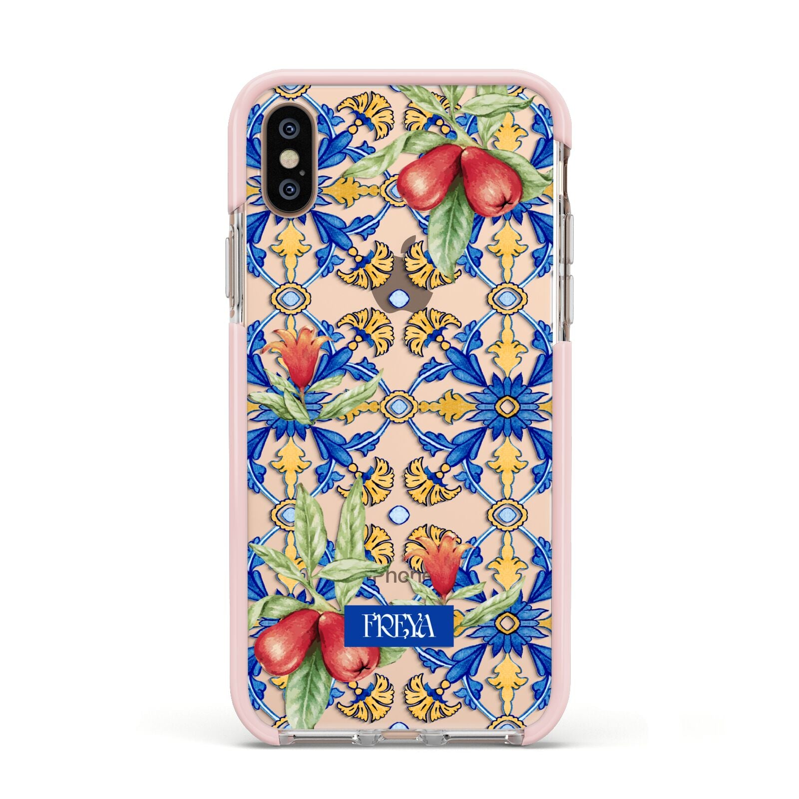 Personalised Mediterranean Fruit and Tiles Apple iPhone Xs Impact Case Pink Edge on Gold Phone