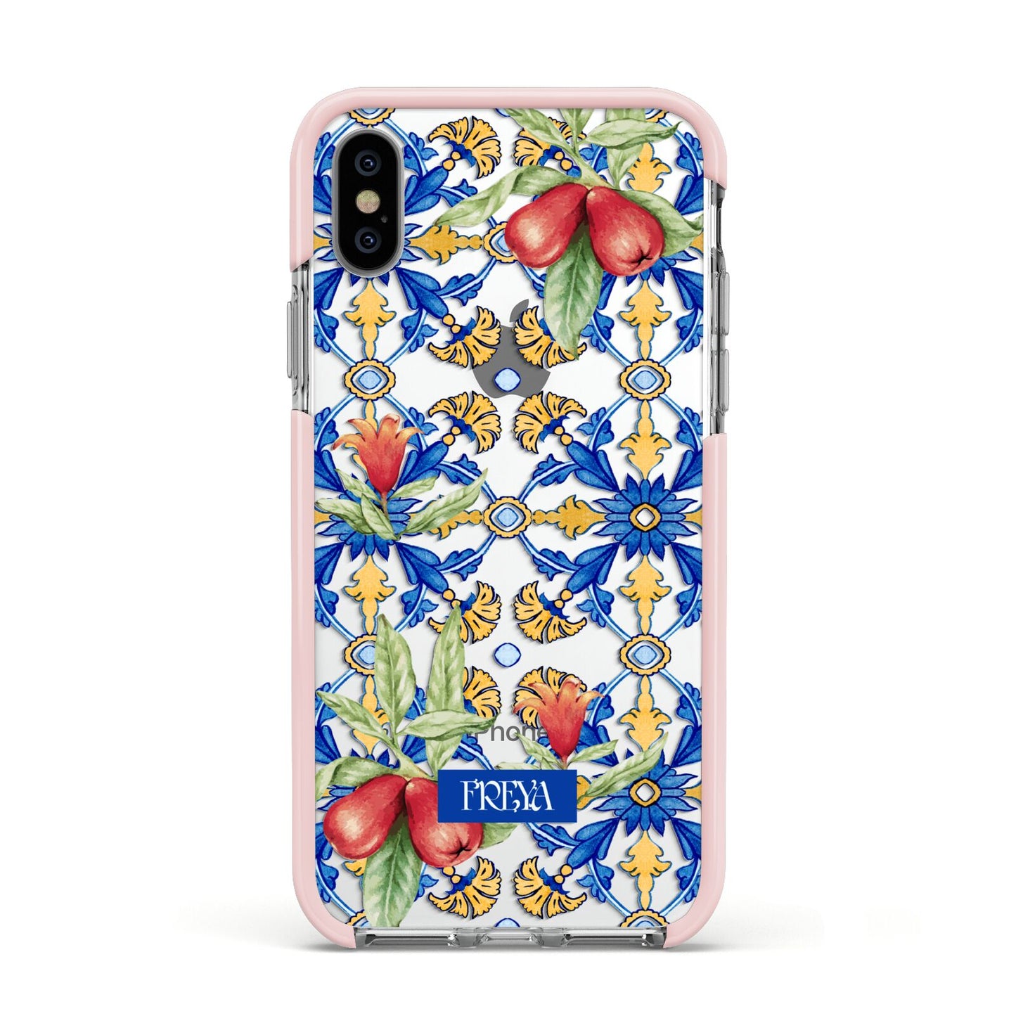 Personalised Mediterranean Fruit and Tiles Apple iPhone Xs Impact Case Pink Edge on Silver Phone