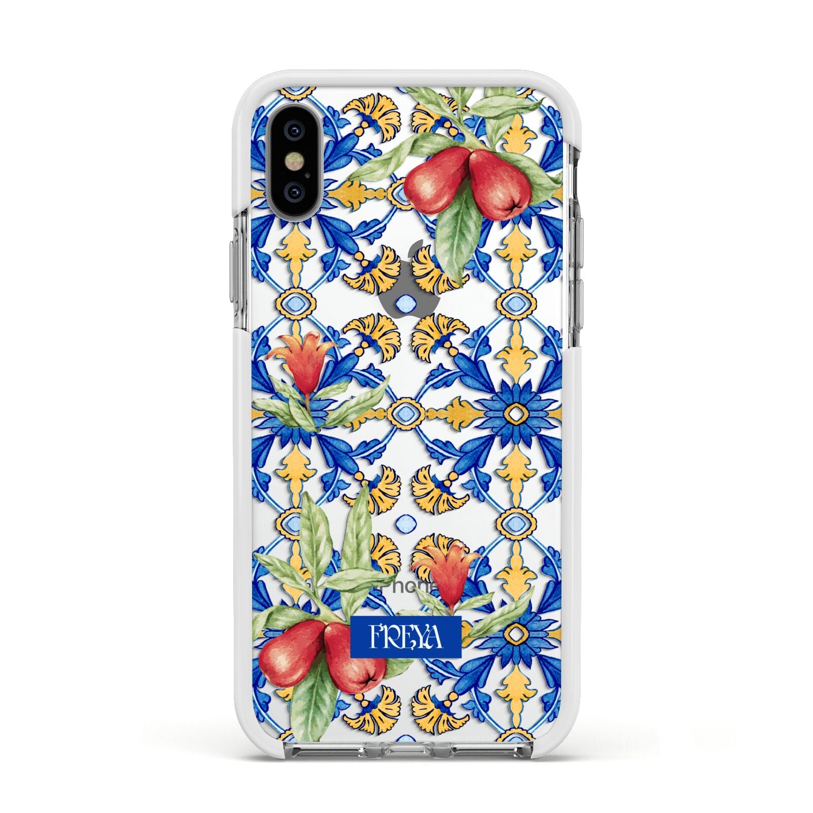 Personalised Mediterranean Fruit and Tiles Apple iPhone Xs Impact Case White Edge on Silver Phone