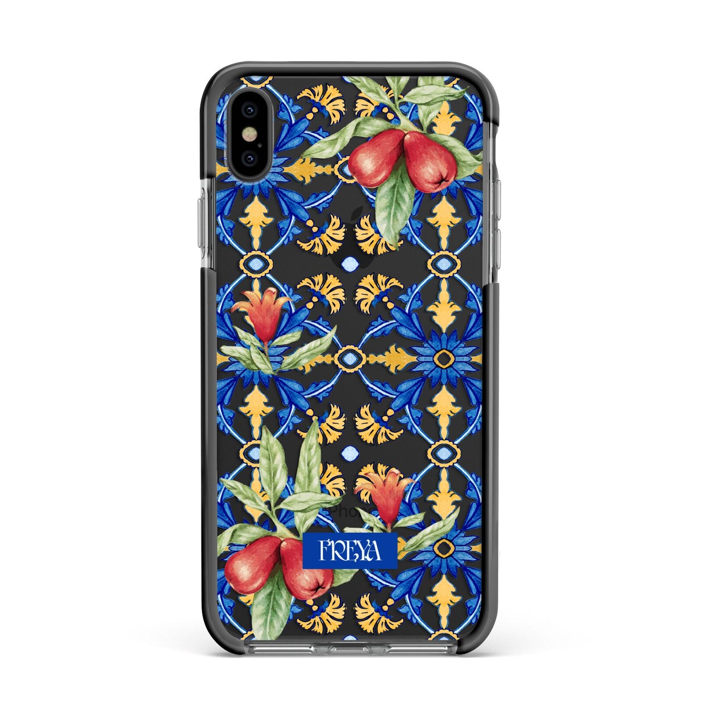 Personalised Mediterranean Fruit and Tiles Apple iPhone Xs Max Impact Case Black Edge on Black Phone