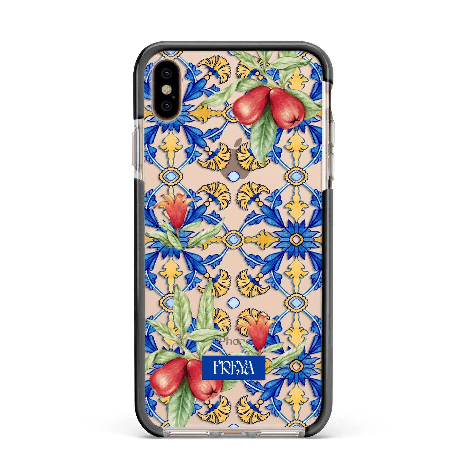 Personalised Mediterranean Fruit and Tiles Apple iPhone Xs Max Impact Case Black Edge on Gold Phone