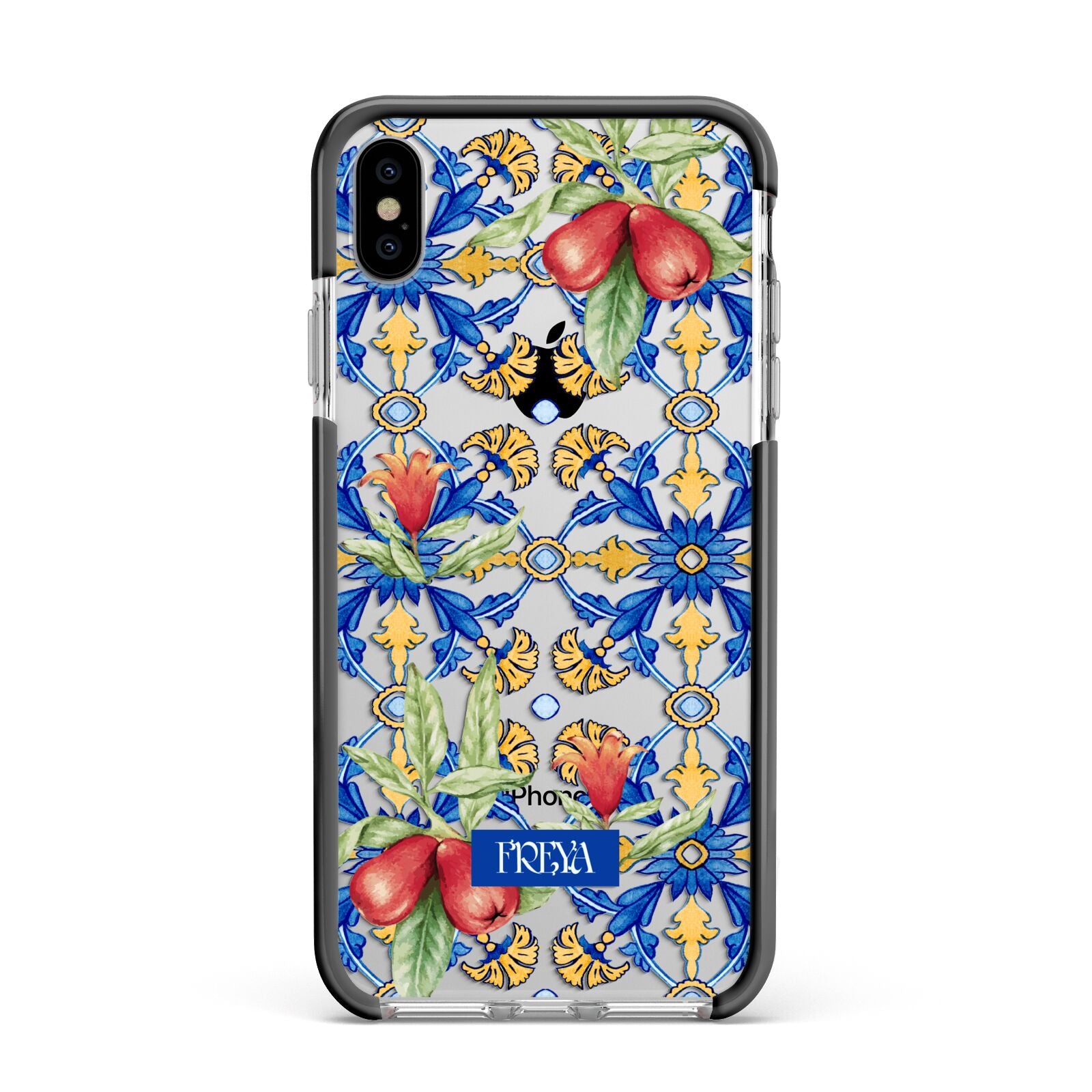 Personalised Mediterranean Fruit and Tiles Apple iPhone Xs Max Impact Case Black Edge on Silver Phone