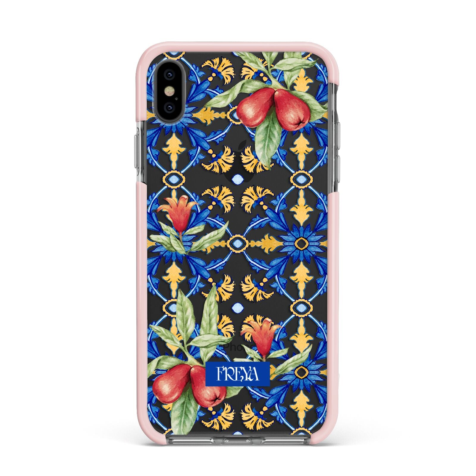 Personalised Mediterranean Fruit and Tiles Apple iPhone Xs Max Impact Case Pink Edge on Black Phone