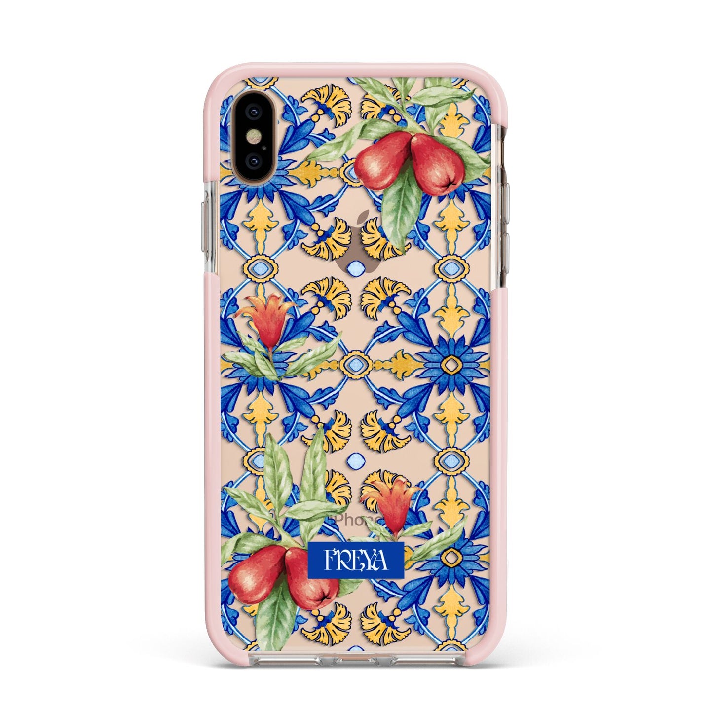 Personalised Mediterranean Fruit and Tiles Apple iPhone Xs Max Impact Case Pink Edge on Gold Phone