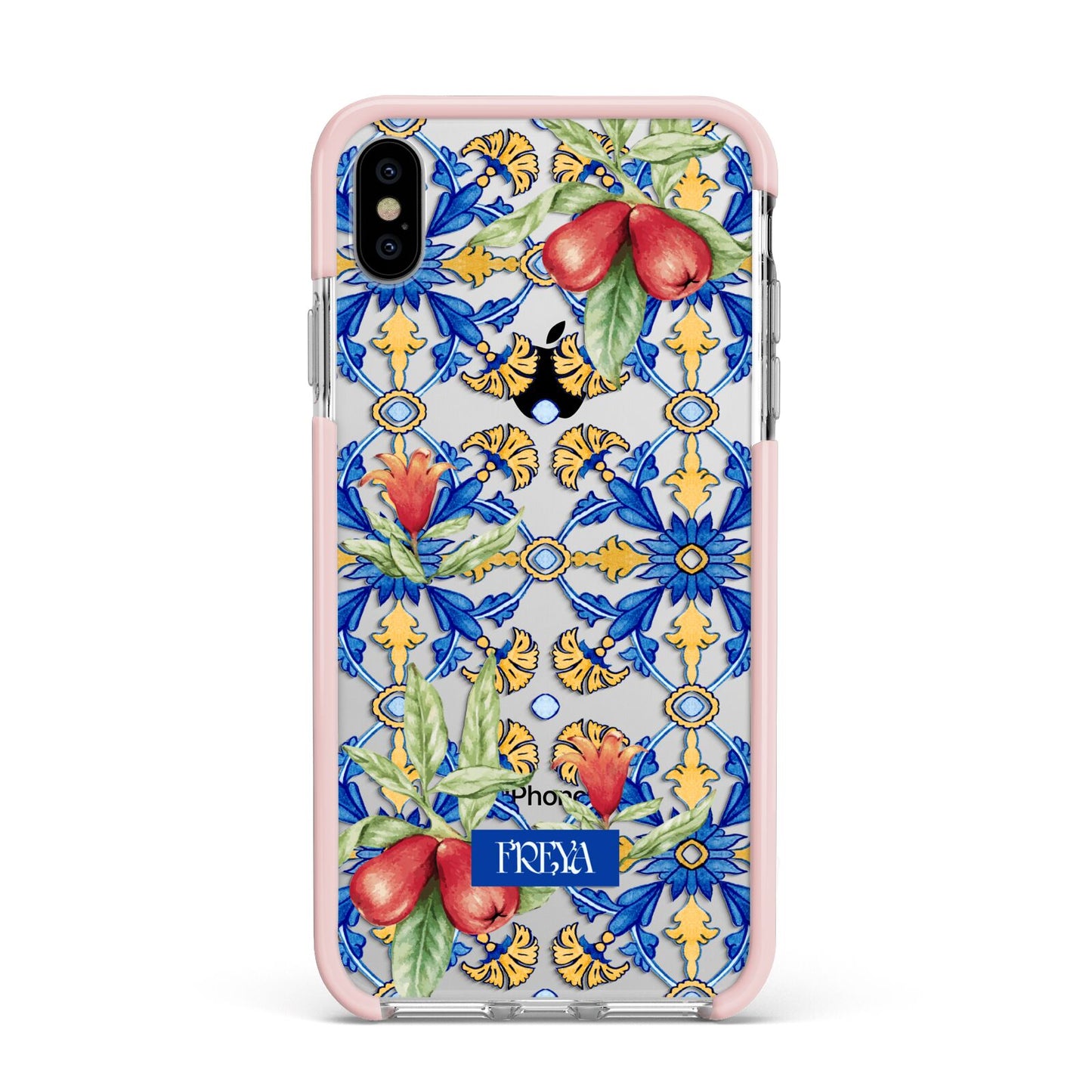 Personalised Mediterranean Fruit and Tiles Apple iPhone Xs Max Impact Case Pink Edge on Silver Phone