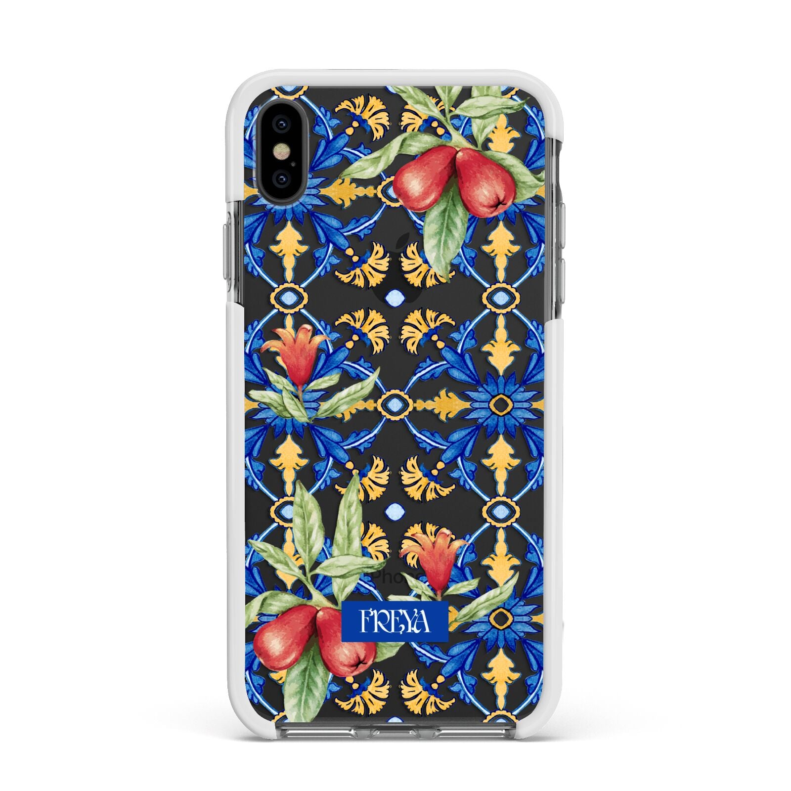 Personalised Mediterranean Fruit and Tiles Apple iPhone Xs Max Impact Case White Edge on Black Phone