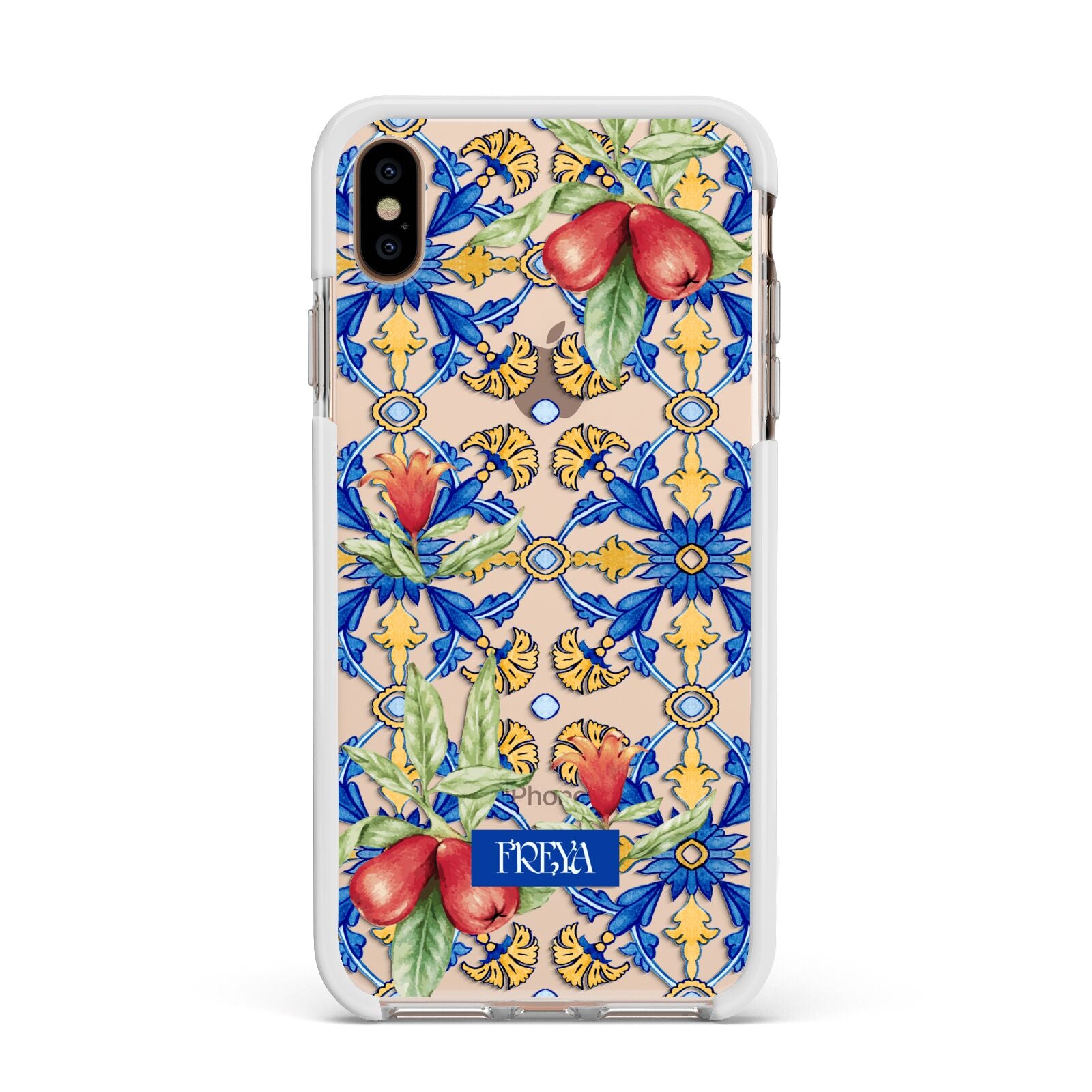 Personalised Mediterranean Fruit and Tiles Apple iPhone Xs Max Impact Case White Edge on Gold Phone