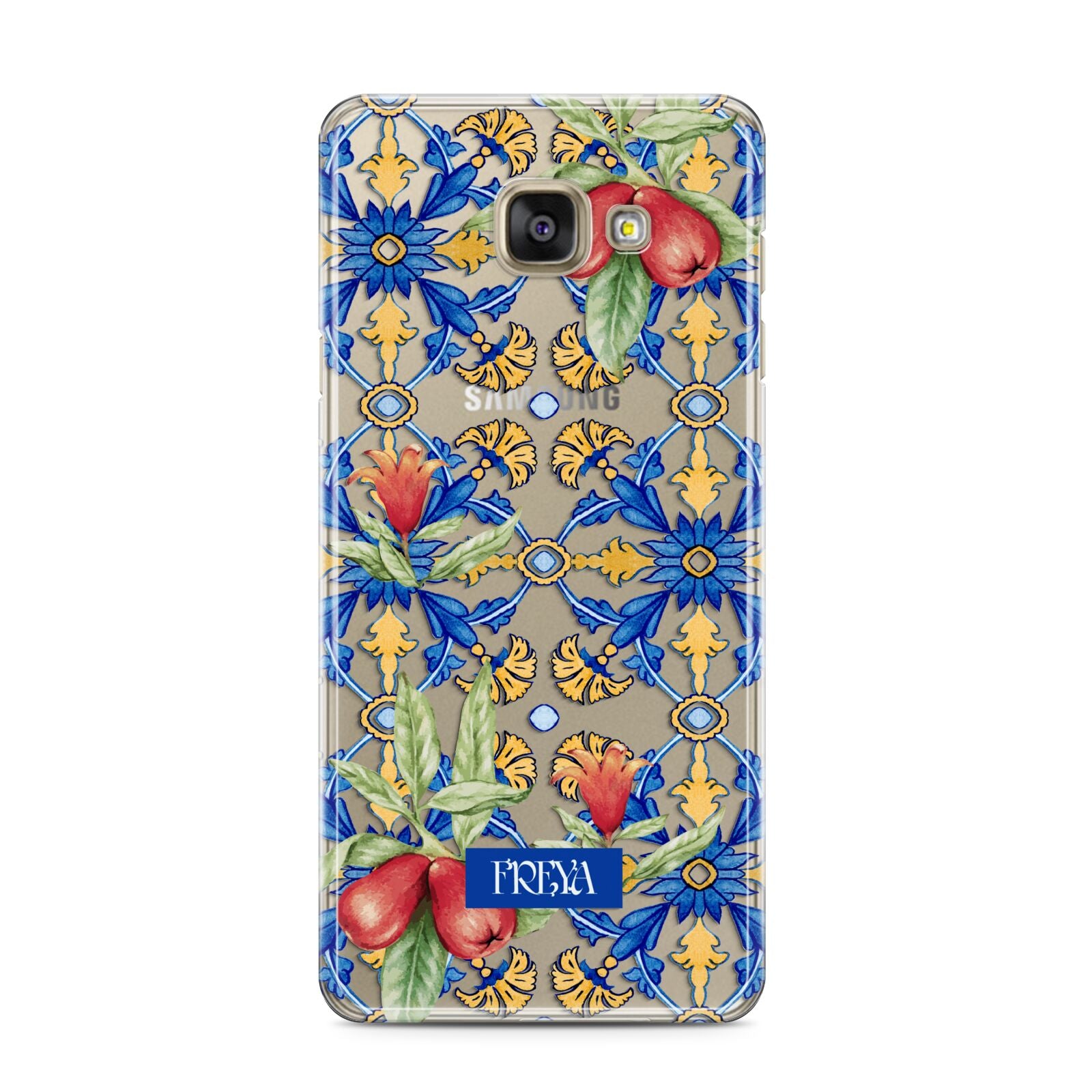 Personalised Mediterranean Fruit and Tiles Samsung Galaxy A3 2016 Case on gold phone