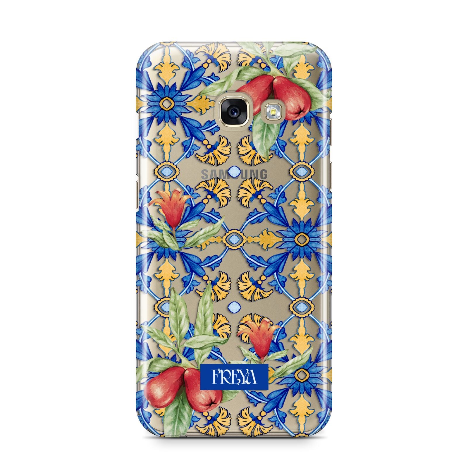 Personalised Mediterranean Fruit and Tiles Samsung Galaxy A3 2017 Case on gold phone