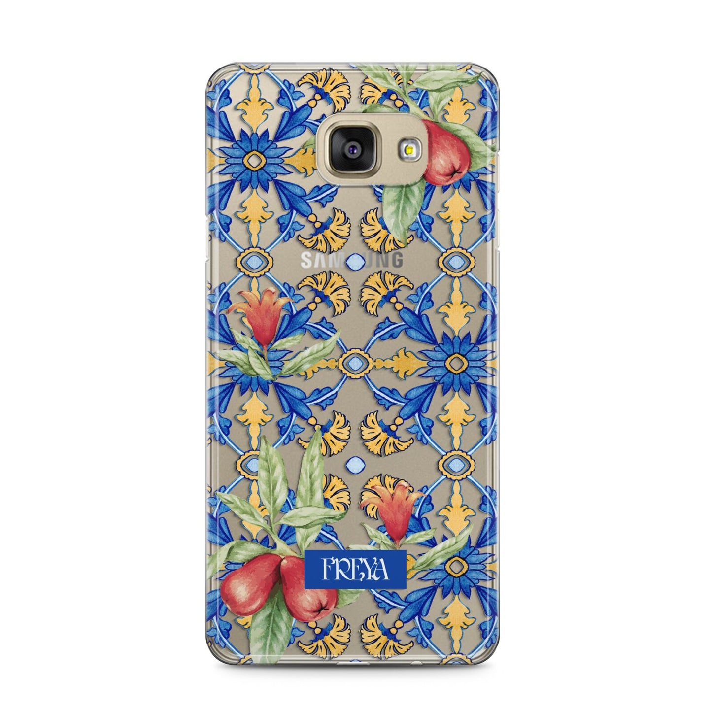 Personalised Mediterranean Fruit and Tiles Samsung Galaxy A5 2016 Case on gold phone