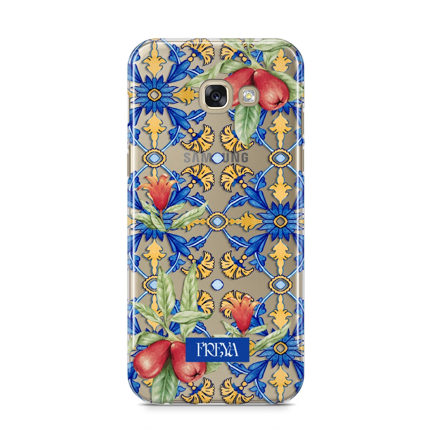 Personalised Mediterranean Fruit and Tiles Samsung Galaxy A5 2017 Case on gold phone