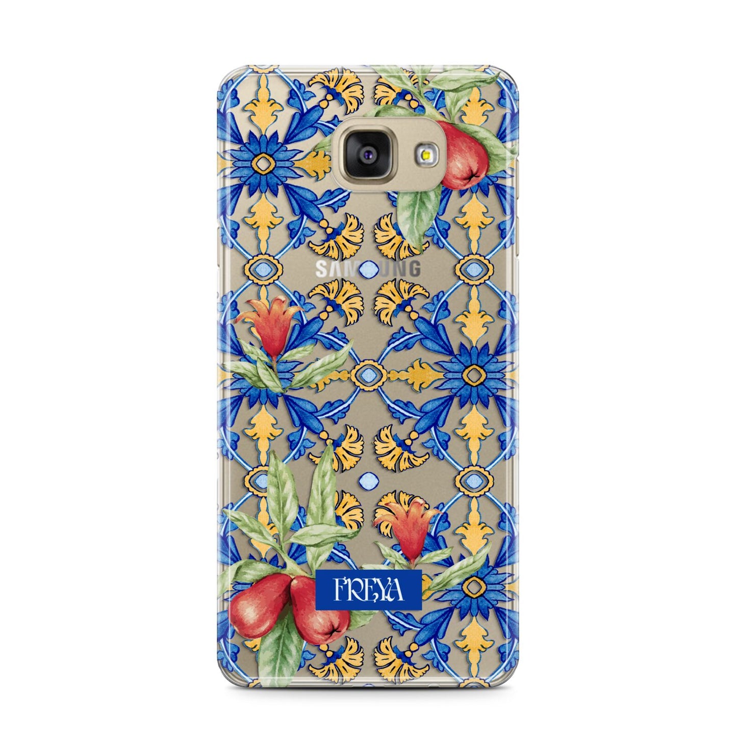 Personalised Mediterranean Fruit and Tiles Samsung Galaxy A7 2016 Case on gold phone