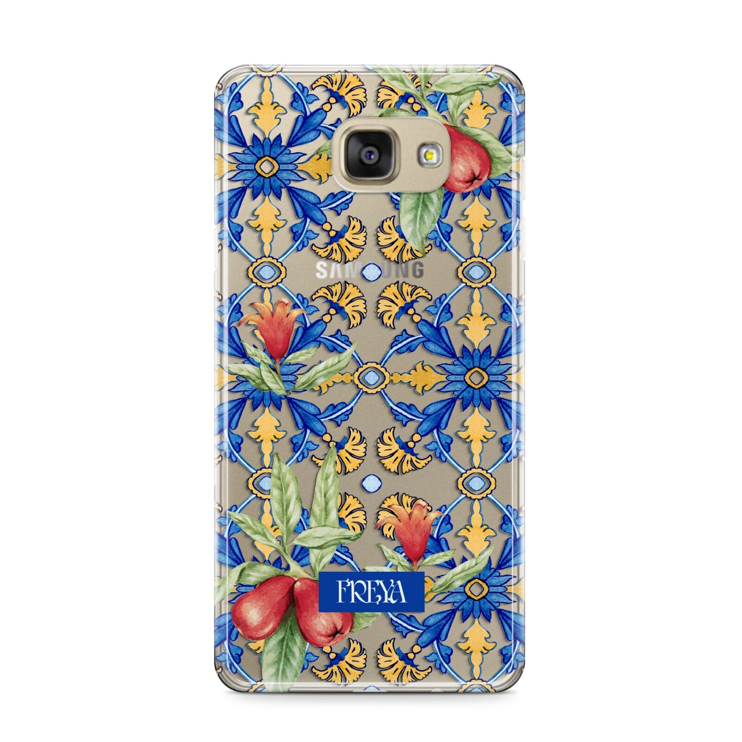 Personalised Mediterranean Fruit and Tiles Samsung Galaxy A9 2016 Case on gold phone