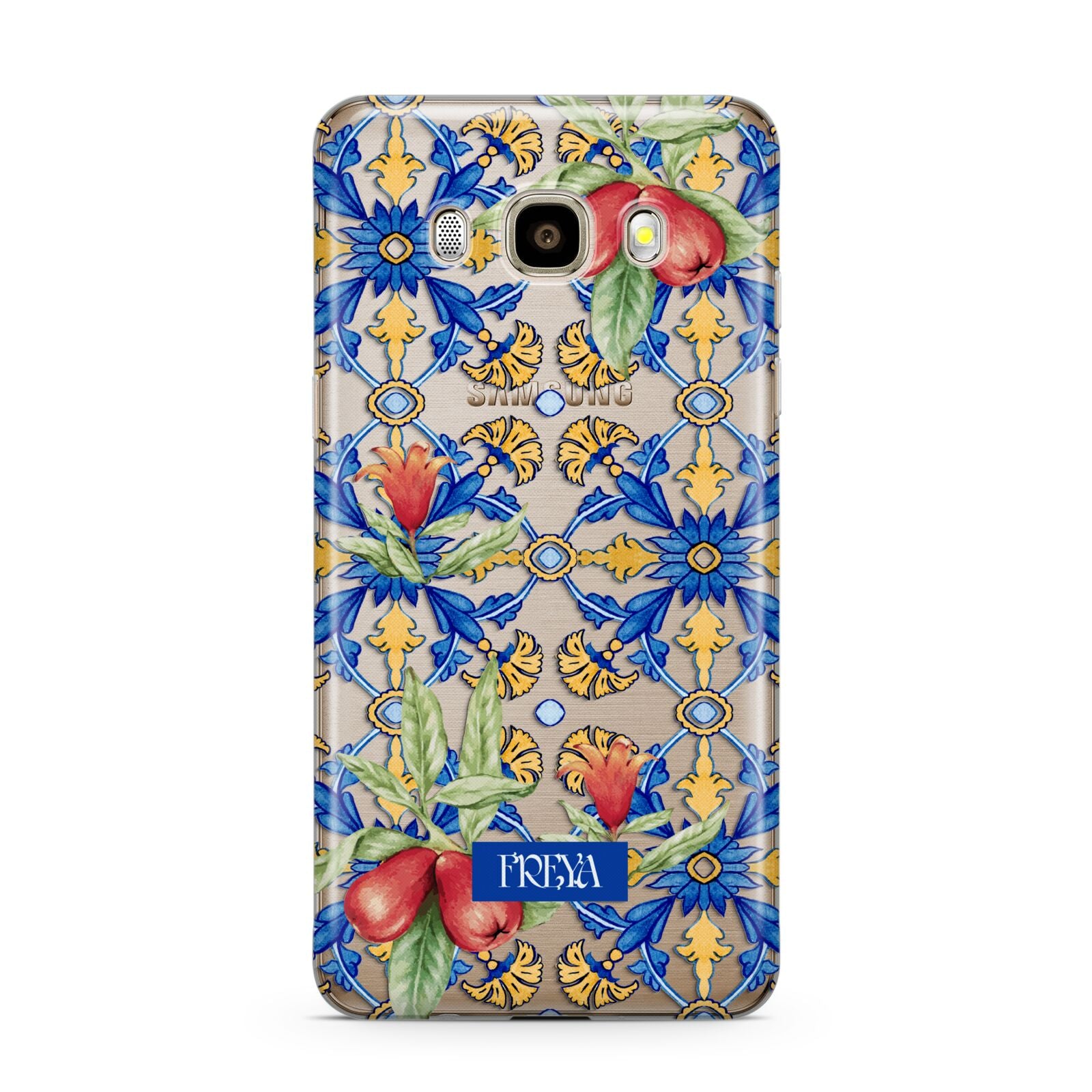 Personalised Mediterranean Fruit and Tiles Samsung Galaxy J7 2016 Case on gold phone