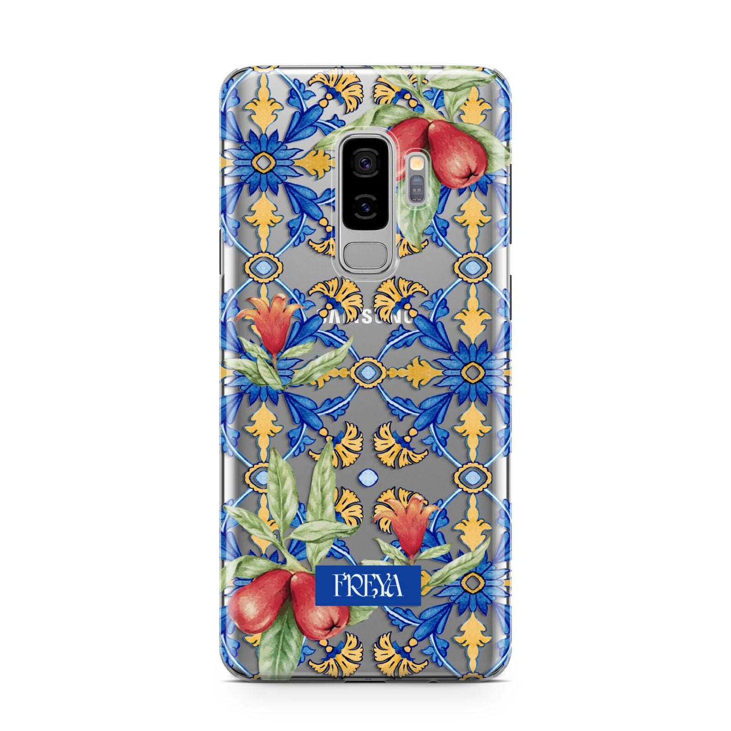 Personalised Mediterranean Fruit and Tiles Samsung Galaxy S9 Plus Case on Silver phone