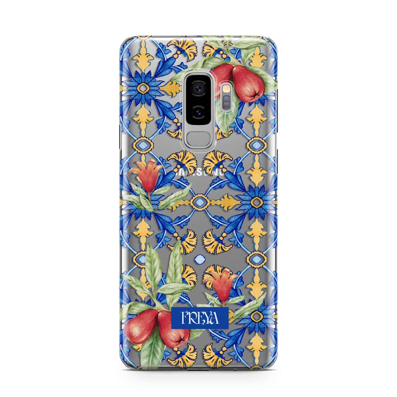 Personalised Mediterranean Fruit and Tiles Samsung Galaxy S9 Plus Case on Silver phone