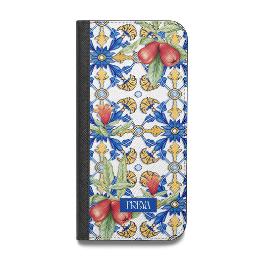 Personalised Mediterranean Fruit and Tiles Vegan Leather Flip iPhone Case