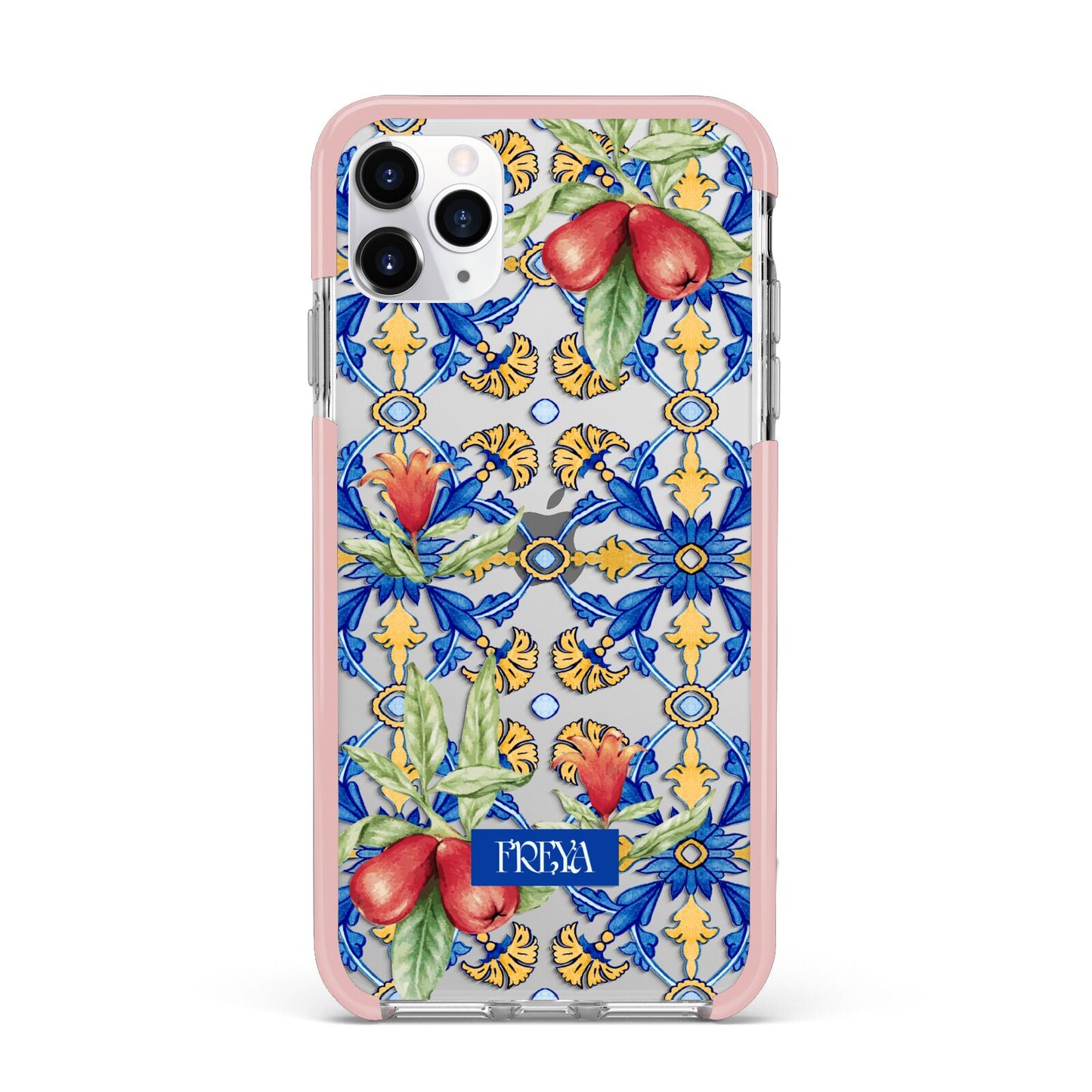 Personalised Mediterranean Fruit and Tiles iPhone 11 Pro Max Impact Pink Edge Case