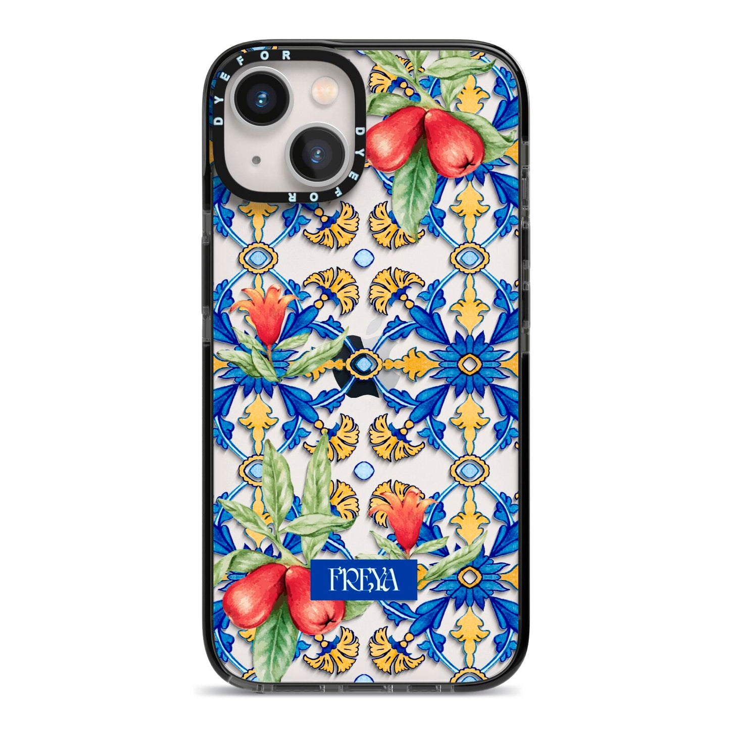 Personalised Mediterranean Fruit and Tiles iPhone 13 Black Impact Case on Silver phone