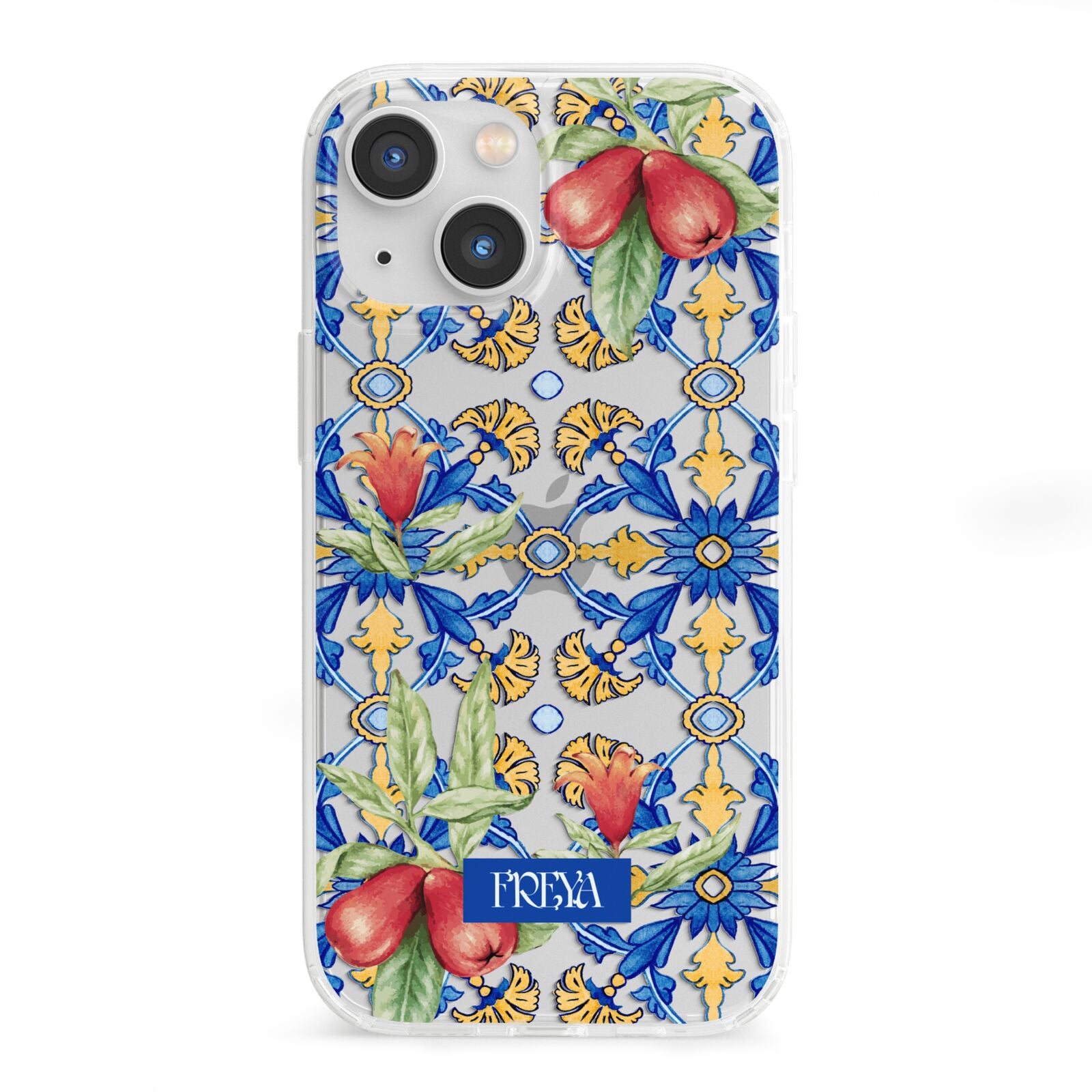 Personalised Mediterranean Fruit and Tiles iPhone 13 Mini Clear Bumper Case