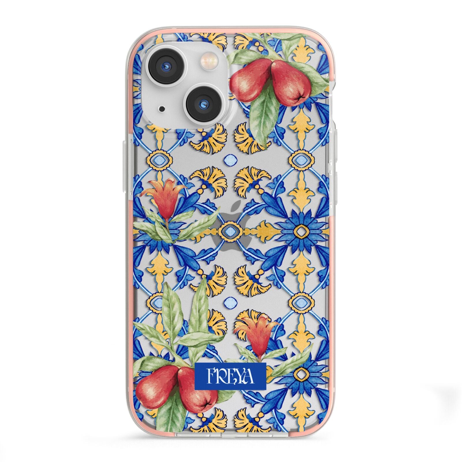 Personalised Mediterranean Fruit and Tiles iPhone 13 Mini TPU Impact Case with Pink Edges