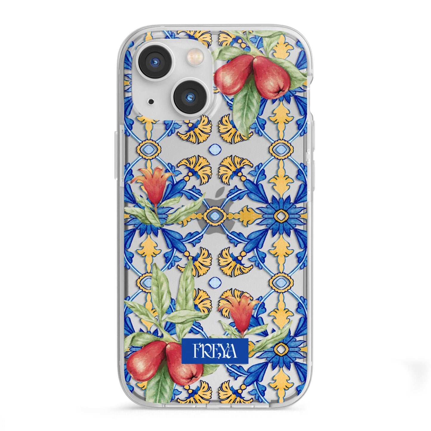 Personalised Mediterranean Fruit and Tiles iPhone 13 Mini TPU Impact Case with White Edges