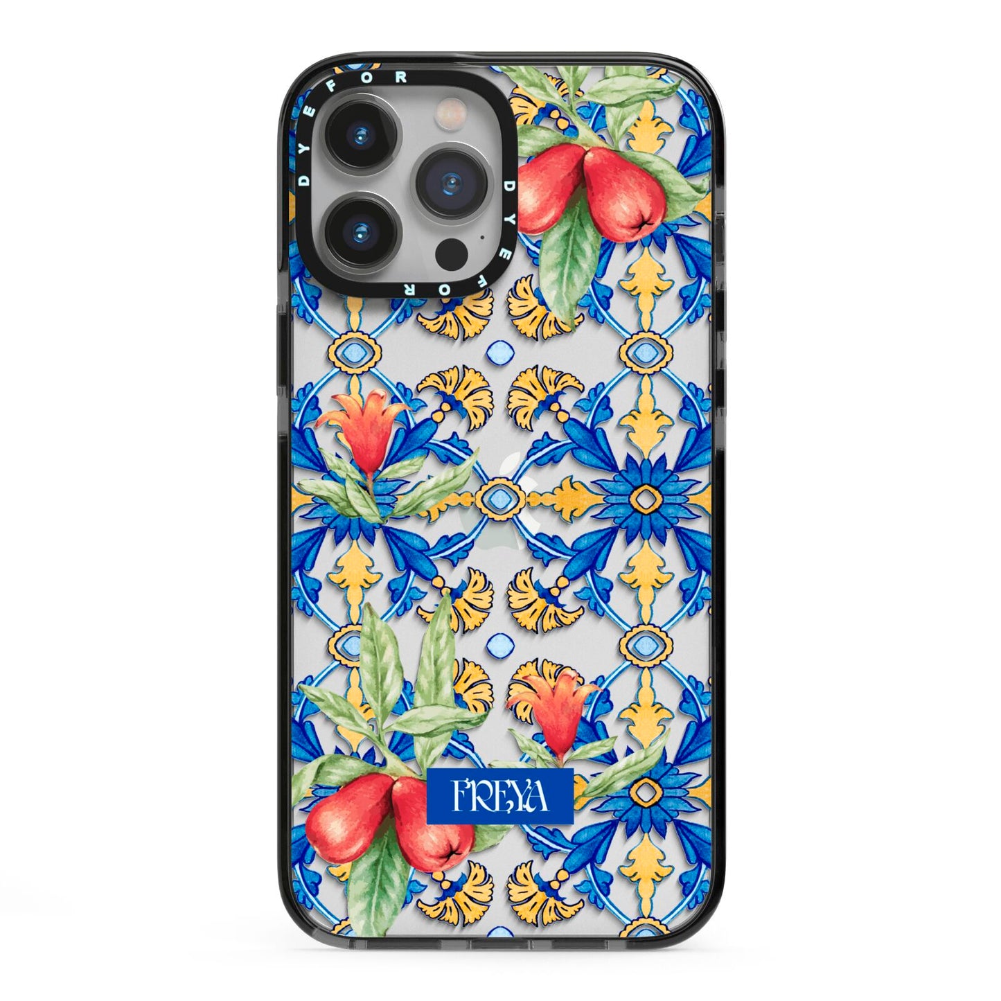 Personalised Mediterranean Fruit and Tiles iPhone 13 Pro Max Black Impact Case on Silver phone