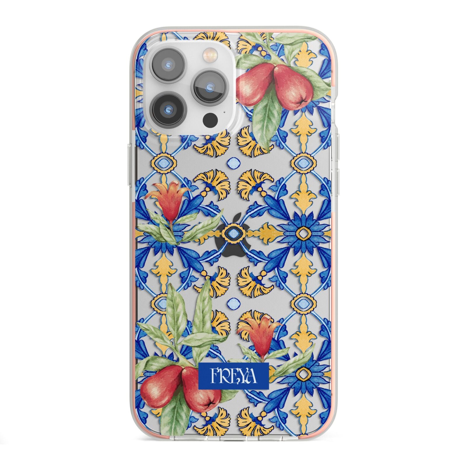 Personalised Mediterranean Fruit and Tiles iPhone 13 Pro Max TPU Impact Case with Pink Edges