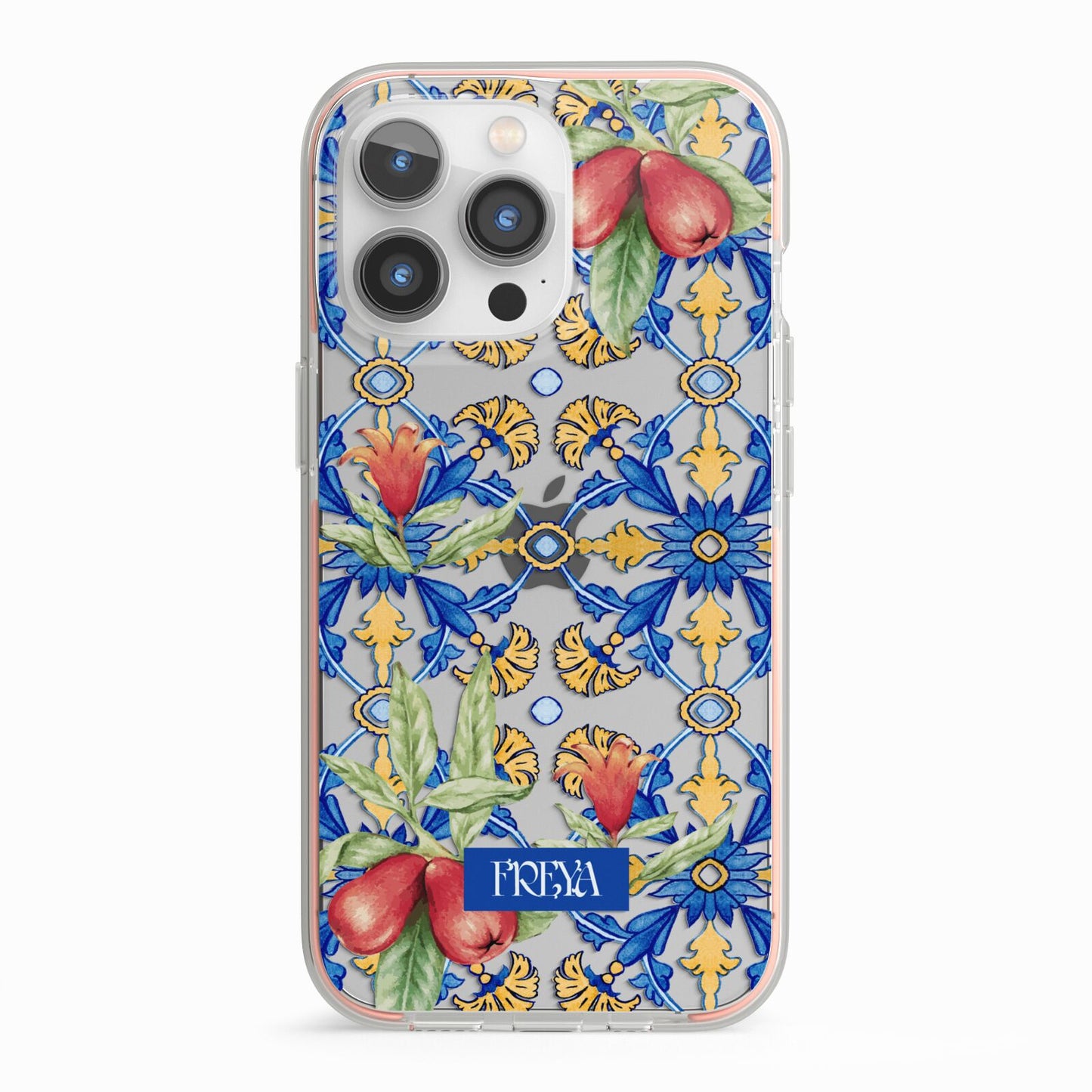 Personalised Mediterranean Fruit and Tiles iPhone 13 Pro TPU Impact Case with Pink Edges