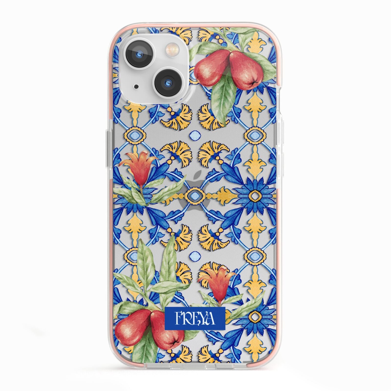 Personalised Mediterranean Fruit and Tiles iPhone 13 TPU Impact Case with Pink Edges