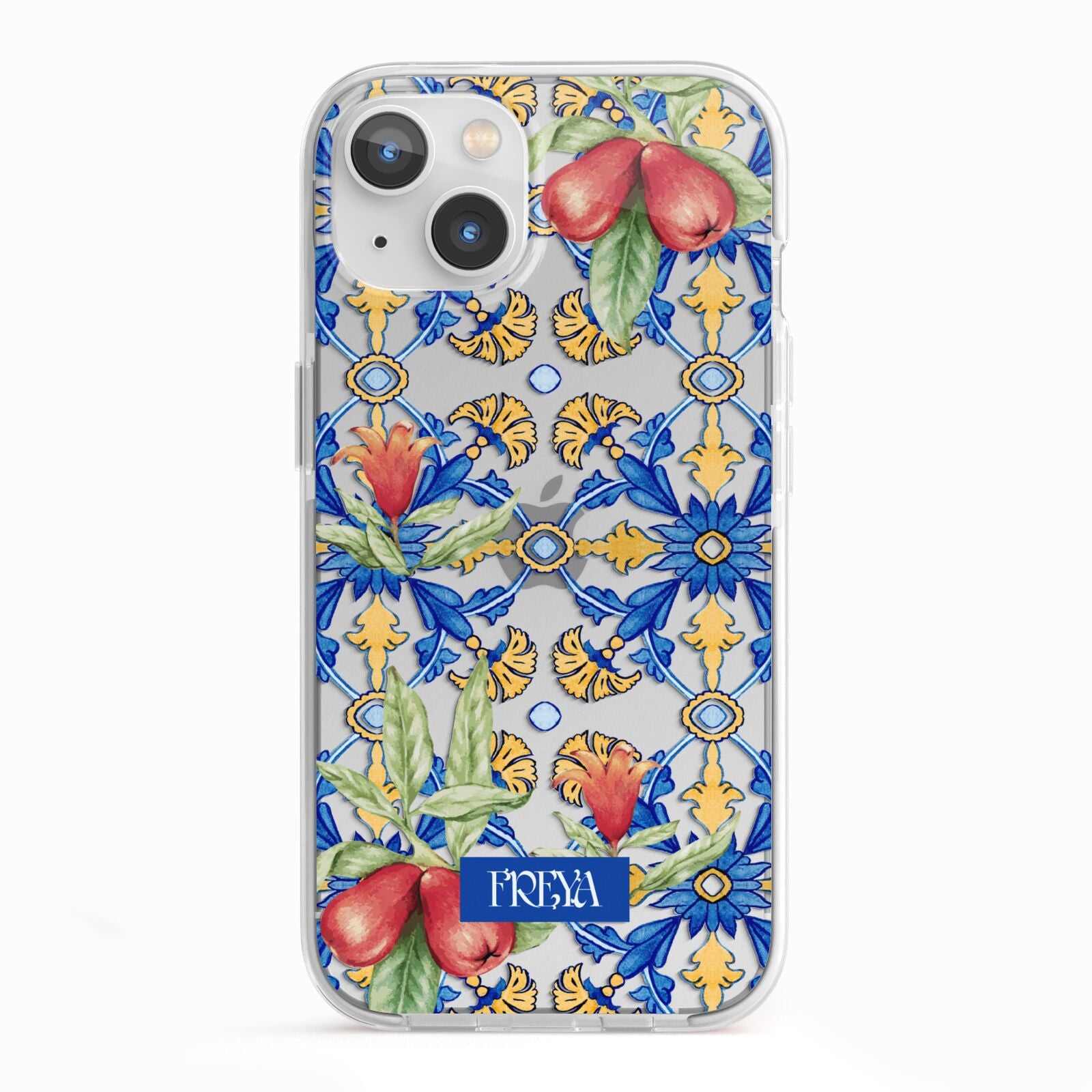 Personalised Mediterranean Fruit and Tiles iPhone 13 TPU Impact Case with White Edges