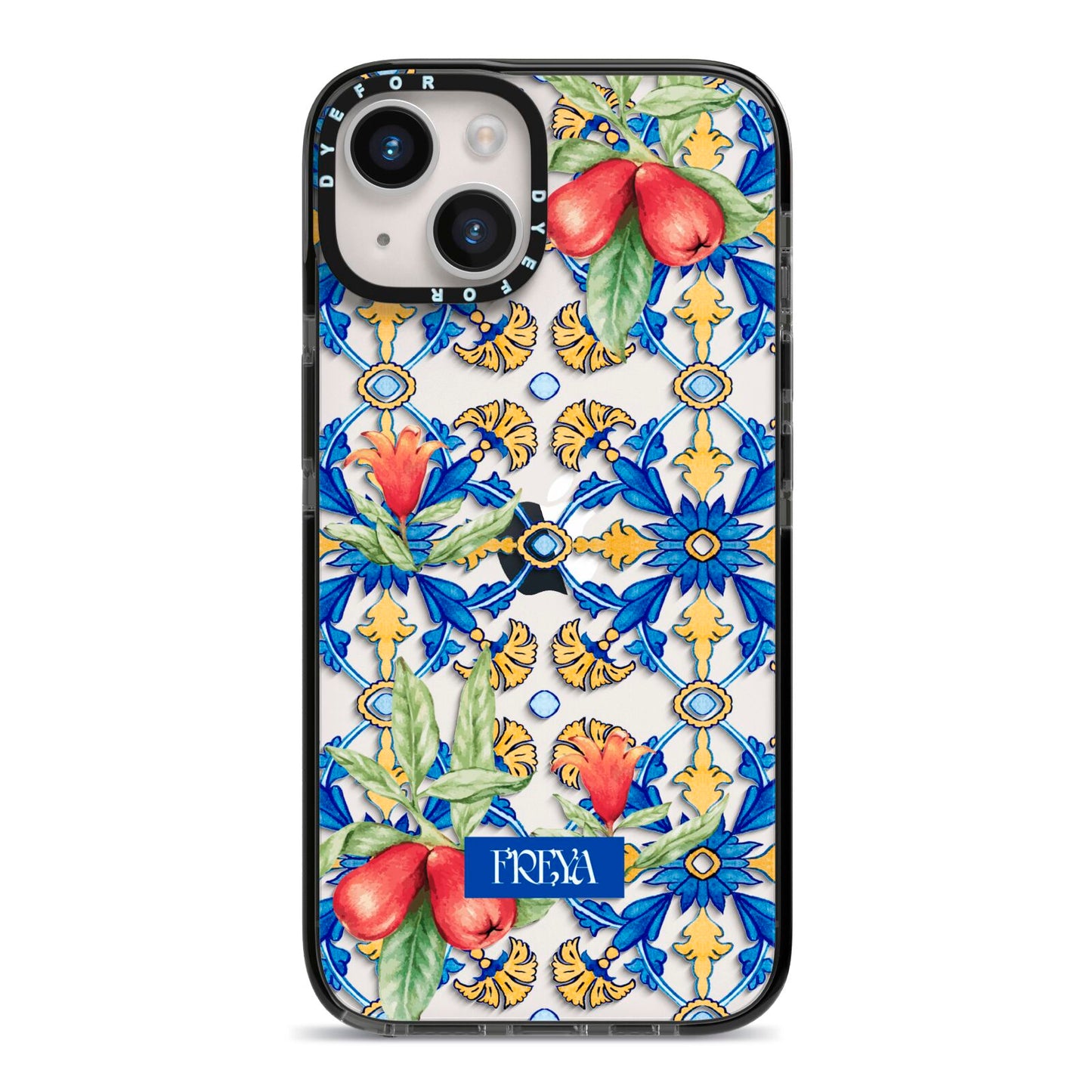 Personalised Mediterranean Fruit and Tiles iPhone 14 Black Impact Case on Silver phone