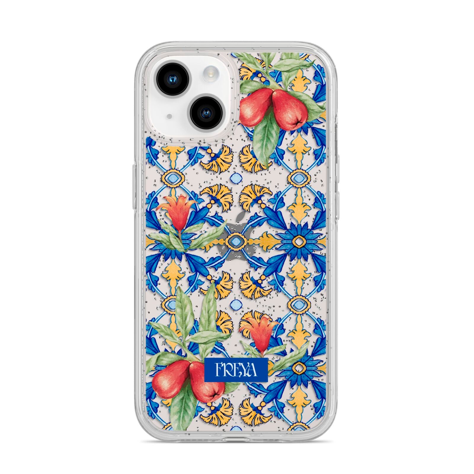 Personalised Mediterranean Fruit and Tiles iPhone 14 Glitter Tough Case Starlight