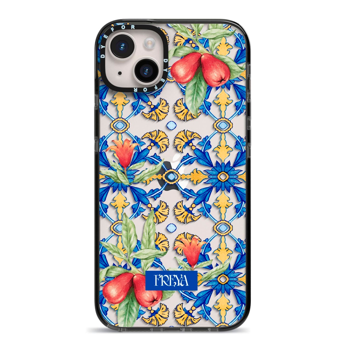 Personalised Mediterranean Fruit and Tiles iPhone 14 Plus Black Impact Case on Silver phone