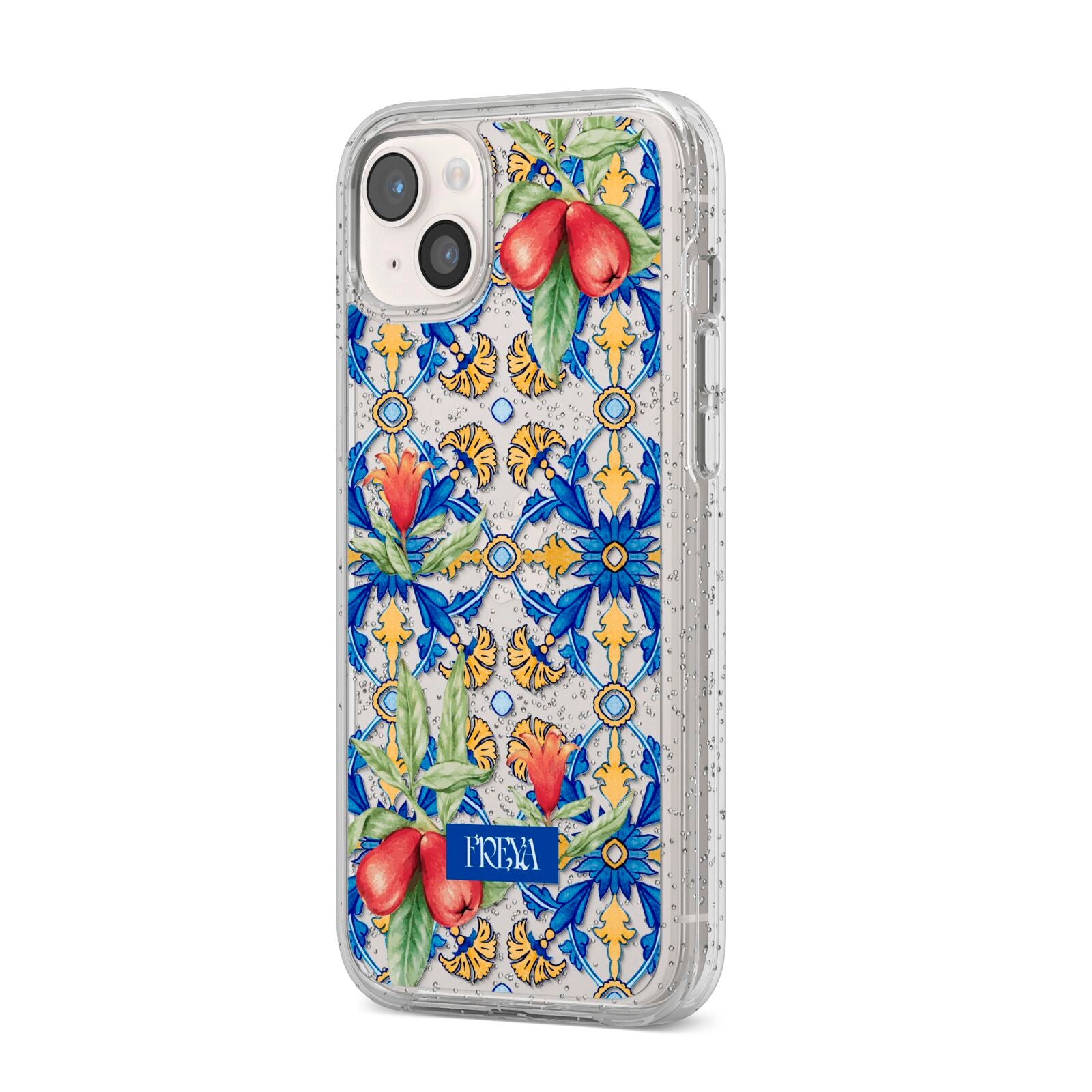 Personalised Mediterranean Fruit and Tiles iPhone 14 Plus Glitter Tough Case Starlight Angled Image