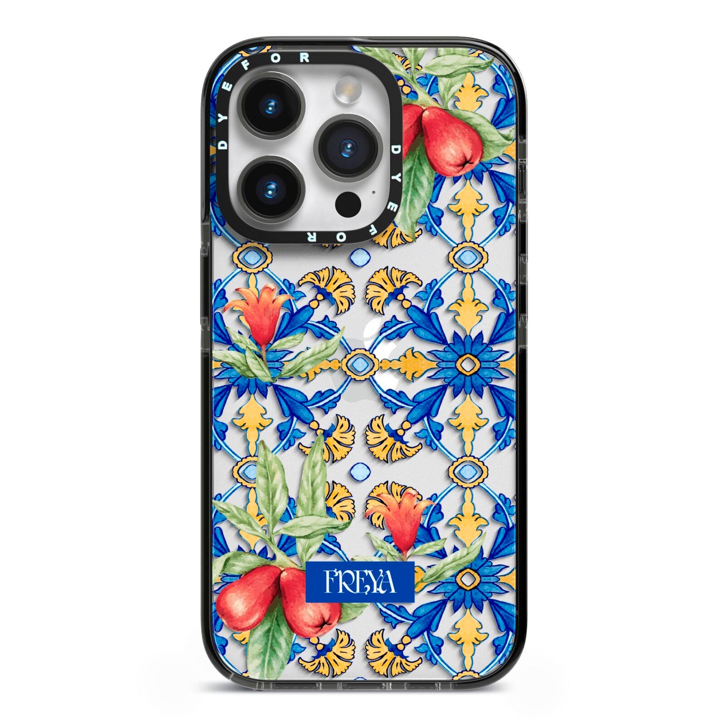 Personalised Mediterranean Fruit and Tiles iPhone 14 Pro Black Impact Case on Silver phone