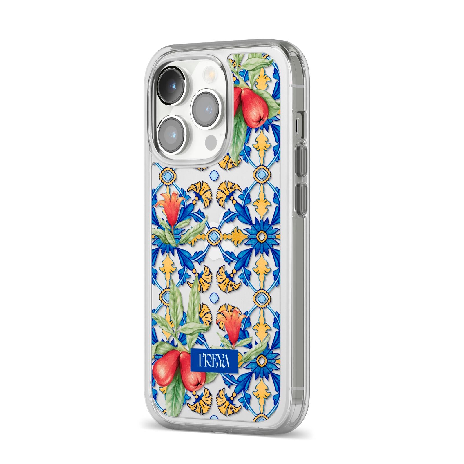 Personalised Mediterranean Fruit and Tiles iPhone 14 Pro Clear Tough Case Silver Angled Image