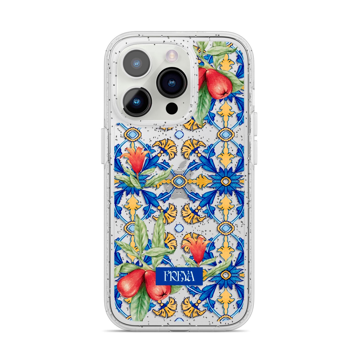 Personalised Mediterranean Fruit and Tiles iPhone 14 Pro Glitter Tough Case Silver