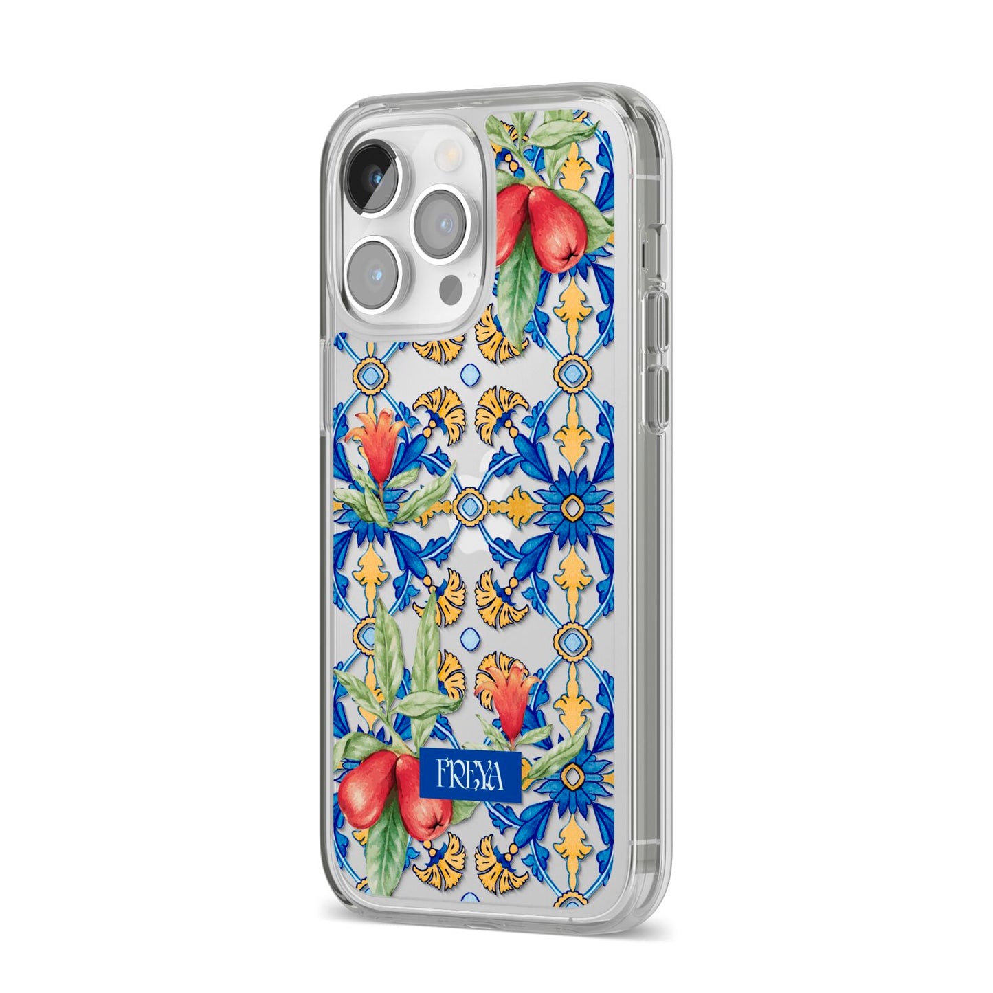 Personalised Mediterranean Fruit and Tiles iPhone 14 Pro Max Clear Tough Case Silver Angled Image