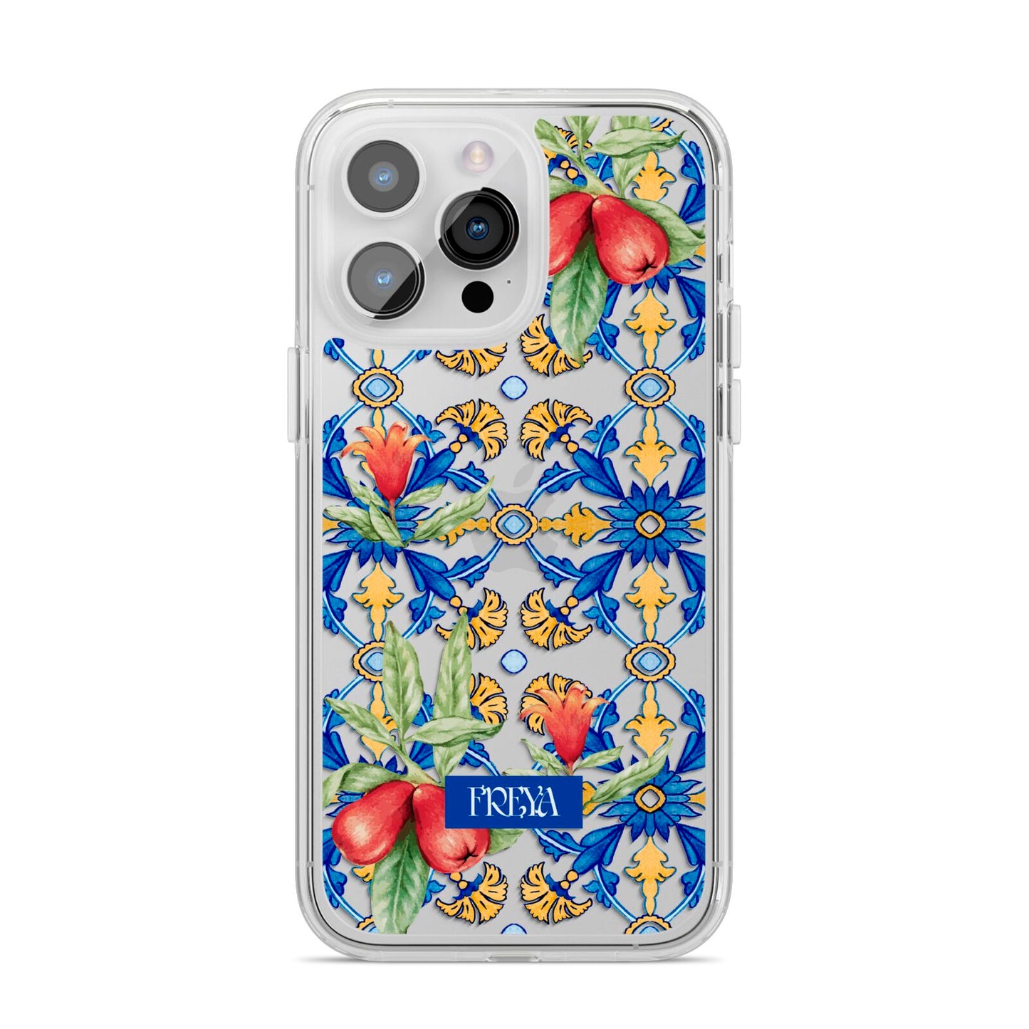 Personalised Mediterranean Fruit and Tiles iPhone 14 Pro Max Clear Tough Case Silver