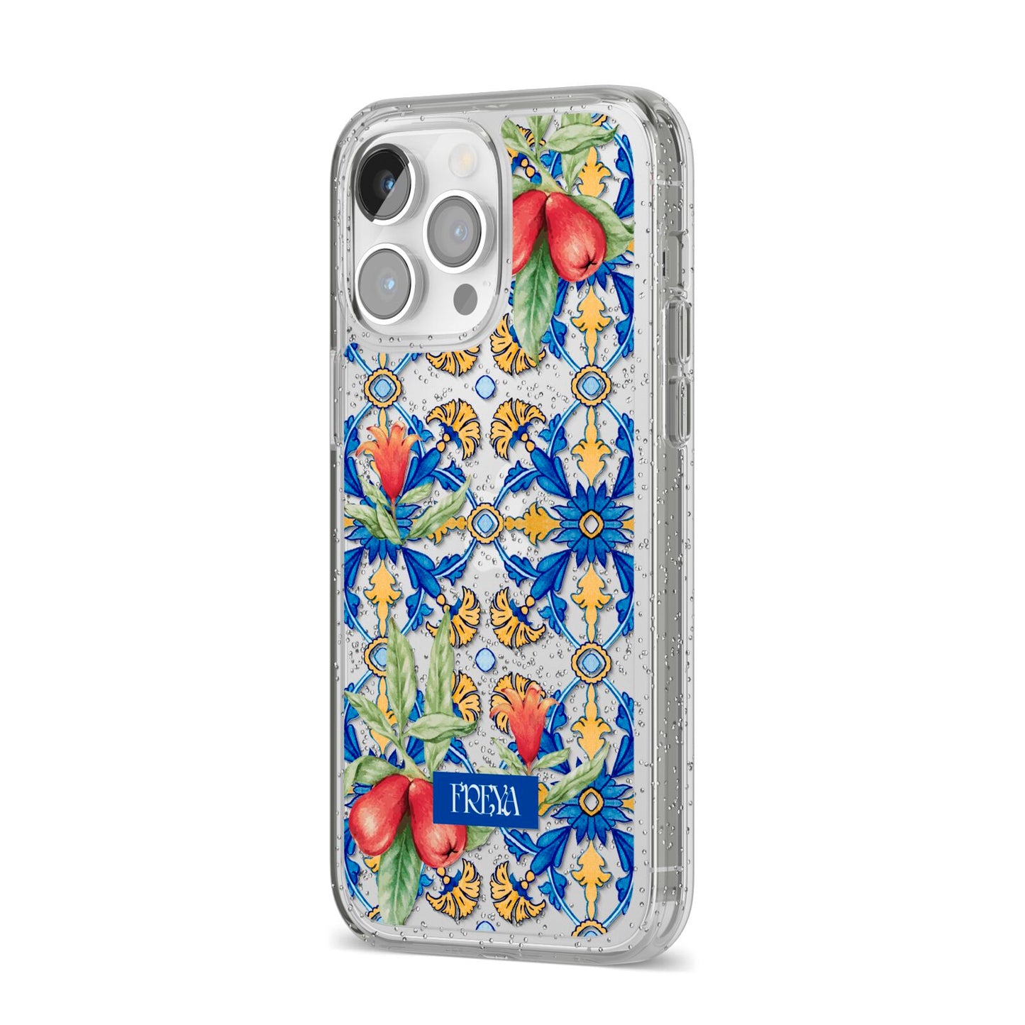 Personalised Mediterranean Fruit and Tiles iPhone 14 Pro Max Glitter Tough Case Silver Angled Image