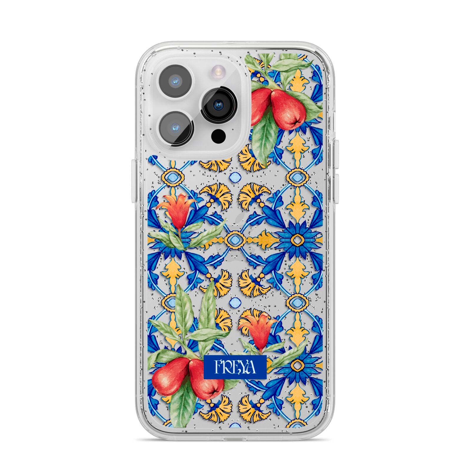 Personalised Mediterranean Fruit and Tiles iPhone 14 Pro Max Glitter Tough Case Silver