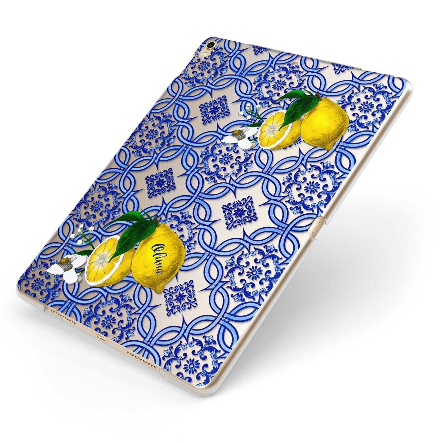 Personalised Mediterranean Tiles and Lemons Apple iPad Case on Gold iPad Side View