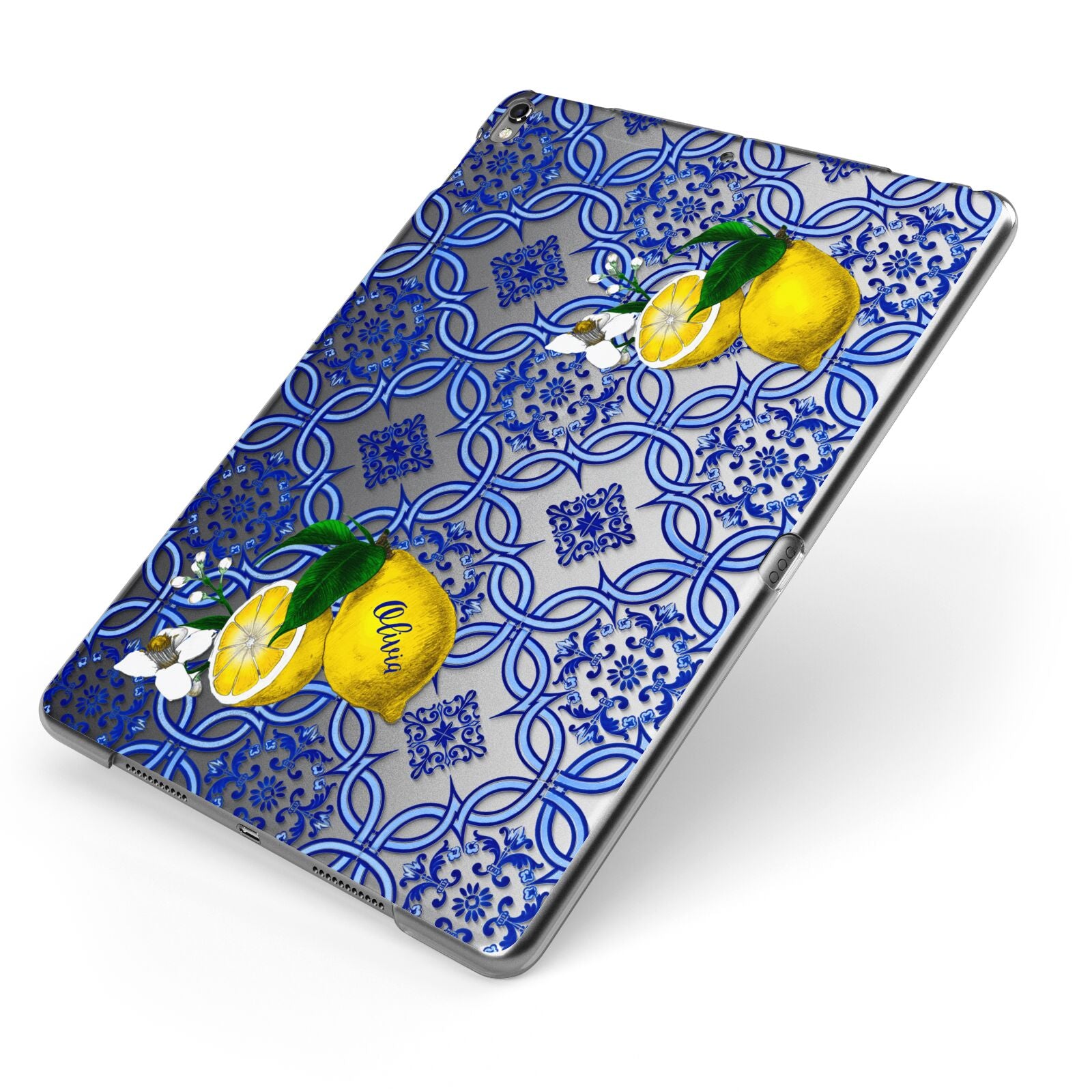 Personalised Mediterranean Tiles and Lemons Apple iPad Case on Grey iPad Side View