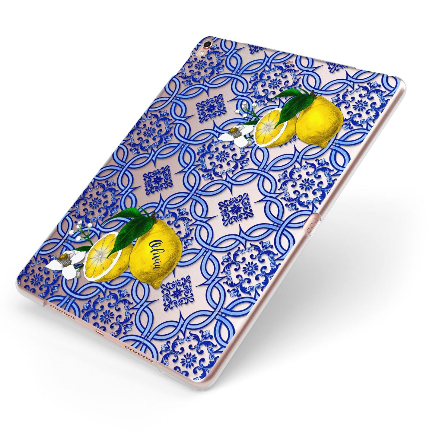 Personalised Mediterranean Tiles and Lemons Apple iPad Case on Rose Gold iPad Side View