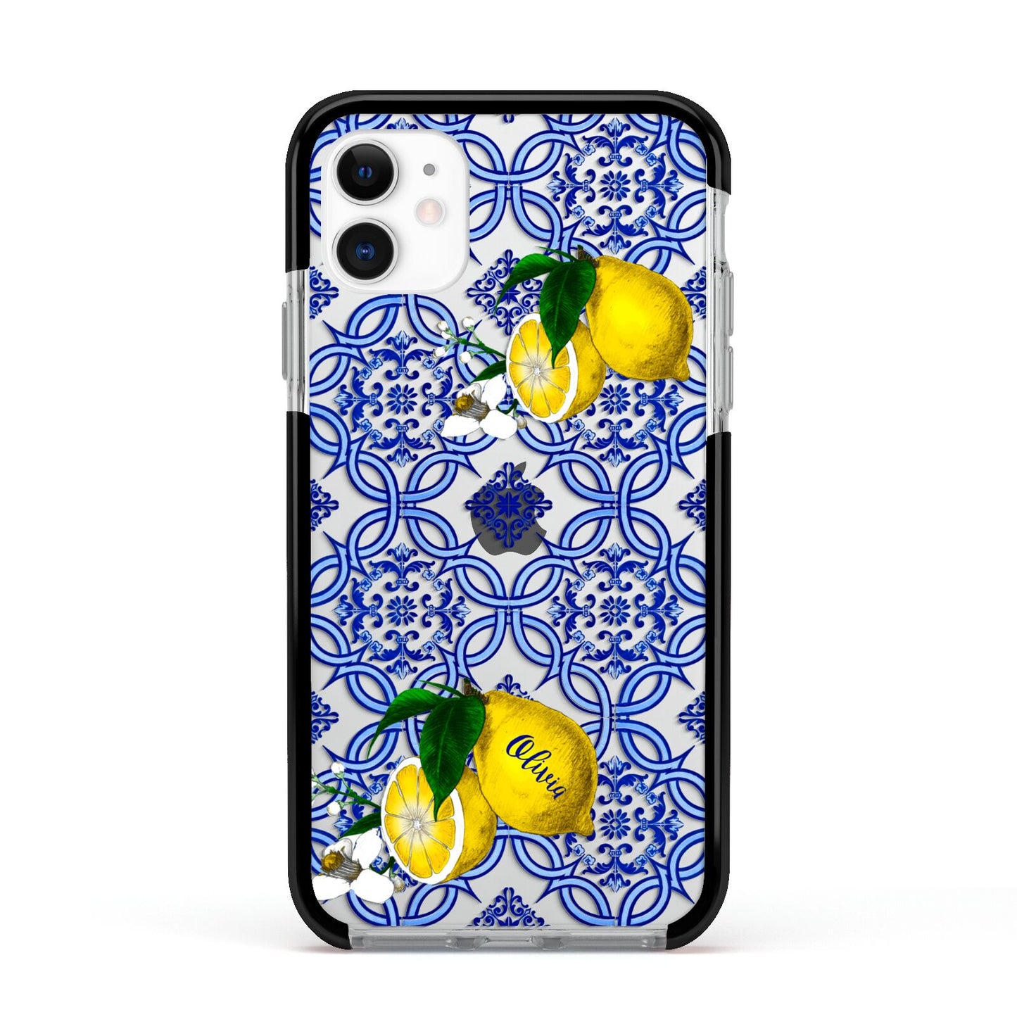 Personalised Mediterranean Tiles and Lemons Apple iPhone 11 in White with Black Impact Case