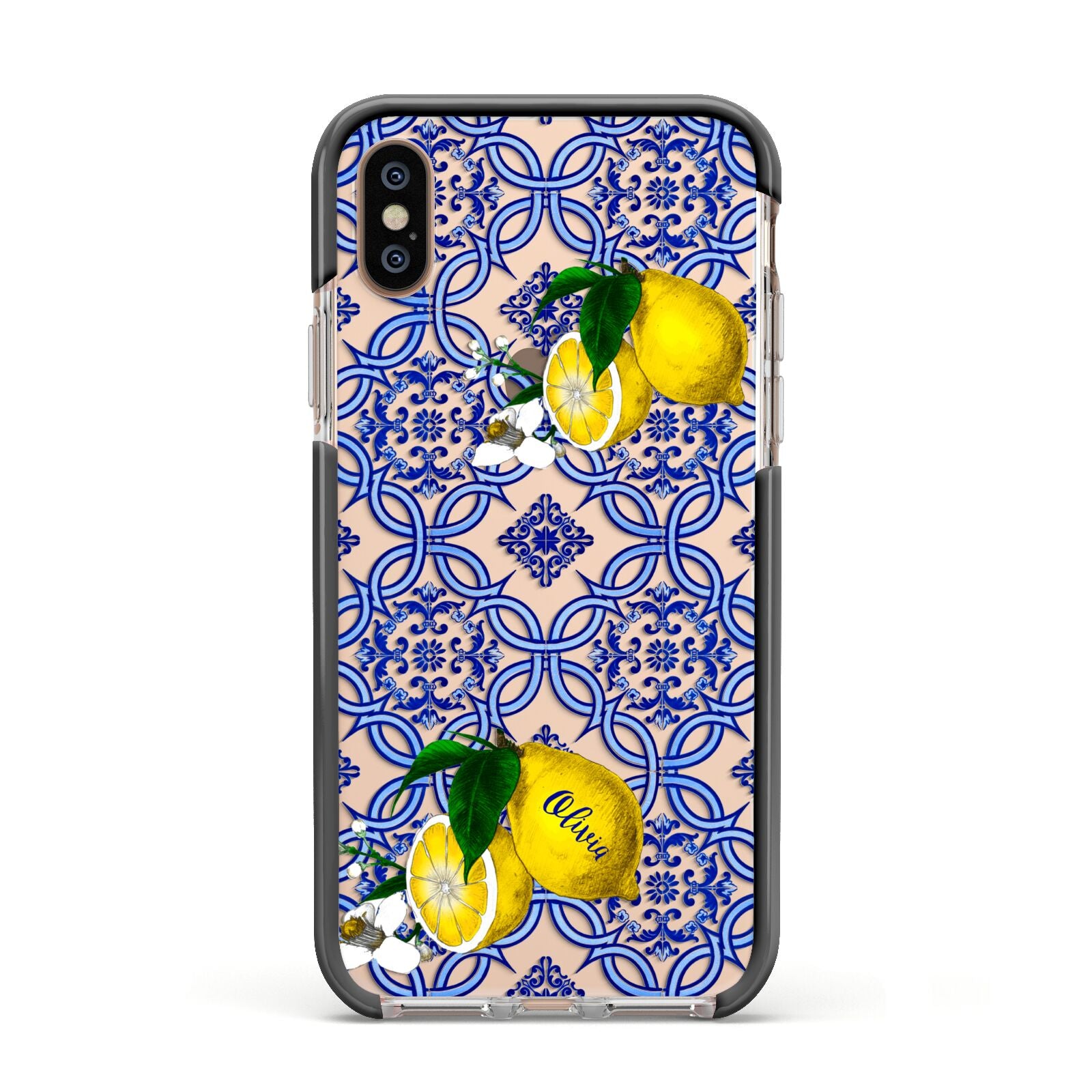 Personalised Mediterranean Tiles and Lemons Apple iPhone Xs Impact Case Black Edge on Gold Phone