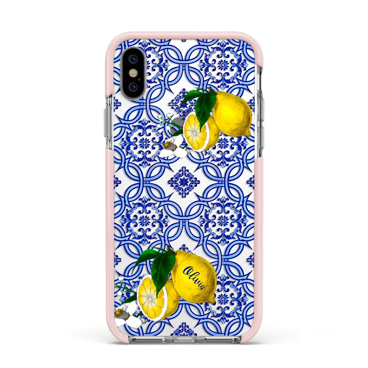 Personalised Mediterranean Tiles and Lemons Apple iPhone Xs Impact Case Pink Edge on Silver Phone